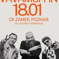 Concert poster: blank and white photo of the band and information about the event.