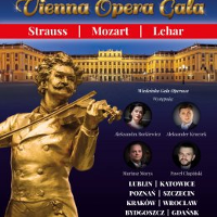 Concert poster with golden monument of a man playing the violin.