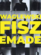 Blacka and white photo of Waglewski Fisz Emade band members, yellow band's name on a photo.