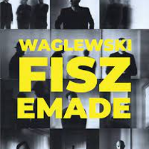 Blacka and white photo of Waglewski Fisz Emade band members, yellow band's name on a photo.
