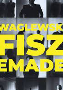 Blacka and white photo of Waglewski Fisz Emade band members, yellow band's name on a photo.