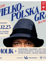 Concert poster with information about the event and half of a man's face in a hat.