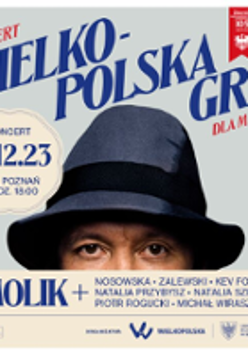 Concert poster with information about the event and half of a man's face in a hat.