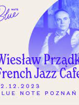Concert poster in blue colours with information about the event and photo of Wiesław Prządka.