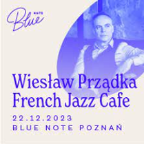 Concert poster in blue colours with information about the event and photo of Wiesław Prządka.