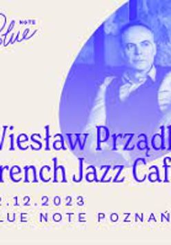Concert poster in blue colours with information about the event and photo of Wiesław Prządka.