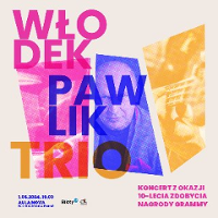 Concert poster - information about the event and three photos in three colours.