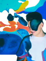 Colourful picture of the artist; as a background colourful spots.