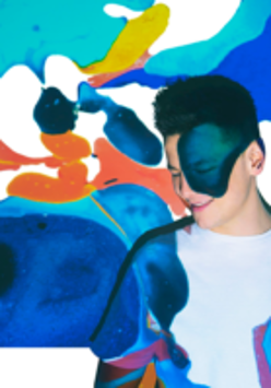 Colourful picture of the artist; as a background colourful spots.