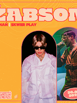 Concert poster: two photos of the artist on yellow background