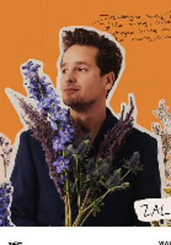 Picture of the artist among flowers on orange background.