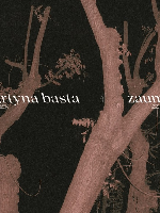 The photo shows tree branches seen at night, in unreal, pink colours and white inscriptions with the names of the artists.