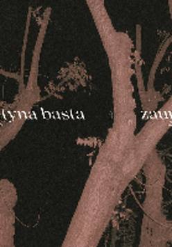 The photo shows tree branches seen at night, in unreal, pink colours and white inscriptions with the names of the artists.