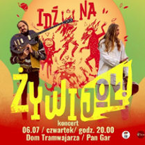 Colourful poster with photos of two musicians and information about the event.