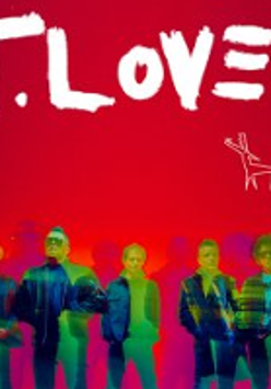Concert poster - the band members and white inscription "T. Love" on a red background
