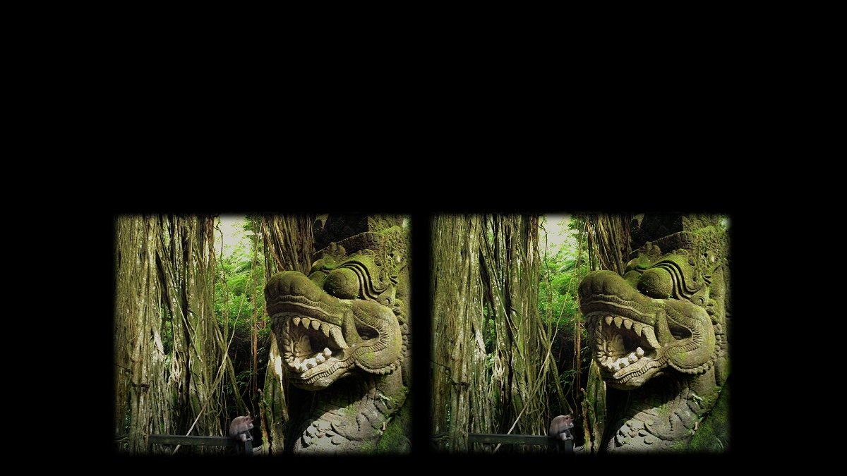 Stereophotograph of stone sculpture among exotic plants.