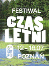 Festival poster: photo of lake or river and trees on its bank. In the middle - white text - information about the festival.