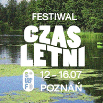 Festival poster: photo of lake or river and trees on its bank. In the middle - white text - information about the festival.