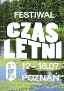 Festival poster: photo of lake or river and trees on its bank. In the middle - white text - information about the festival.