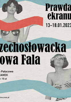 Artistic poster in pastel colors with two women in swimsuits from films presented as part of the review.