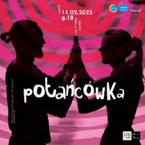 Photo of two people in profile standing opposite each other and touching with their hands.