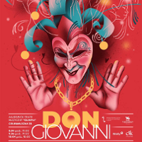 Performance poster: colourful drawing of a clown's face and information about the event
