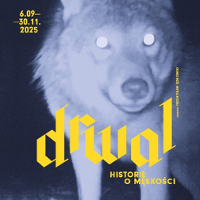A graphic based on a blurry, overexposed photograph of a wolf. The image is in blue tones. Yellow inscriptions are superimposed over it: "6.09-30.11.2025, LUMBERJACK, STORIES OF MASCULINITY, CURATOR: PRZEMYSŁAW JĘDROWSKI."