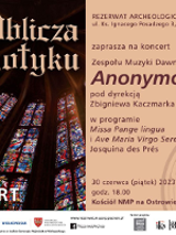 Concert poster with information about the event and with a photo of colourful stained glass windows.