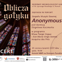 Concert poster with information about the event and with a photo of colourful stained glass windows.