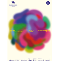 Colourful festival poster: a circle filled with blurry color spots and information about the festival on it