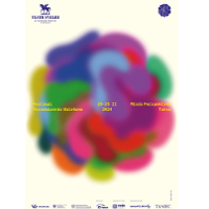 Colourful festival poster: a circle filled with blurry color spots and information about the festival on it
