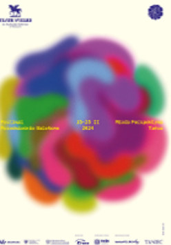 Colourful festival poster: a circle filled with blurry color spots and information about the festival on it