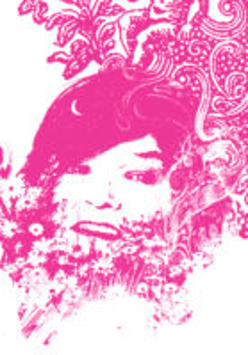 Picture of the artist in pink and white colours