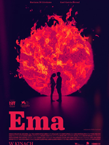 Movie poster - Two people standing opposite each other, red and orange sphere in the background.
