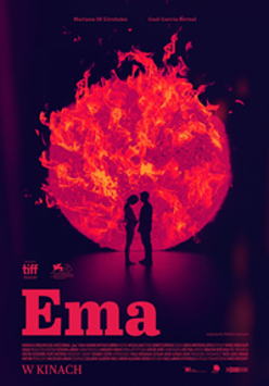 Movie poster - Two people standing opposite each other, red and orange sphere in the background.