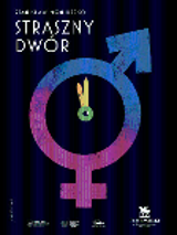 A blue-violet circle with a cross and an arrow - symbols of femininity and masculinity and with clock hands in it. At the top a white inscription "Straszny Dwór" on a black background.
