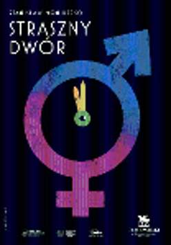 A blue-violet circle with a cross and an arrow - symbols of femininity and masculinity and with clock hands in it. At the top a white inscription "Straszny Dwór" on a black background.