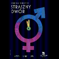 A blue-violet circle with a cross and an arrow - symbols of femininity and masculinity and with clock hands in it. At the top a white inscription "Straszny Dwór" on a black background.