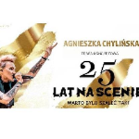 Concert poster - on the left photo of Agnieszka Chylińska with microphone, on the right golden and black captions on white and golden background - information about concert