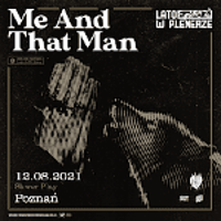 Concert poster - gray dog or wolf opposite folded hands on black background. White captions - information about concert