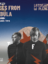 Picture of three men (members of the band) on blue background, captions - information about the concert - in the left up corner