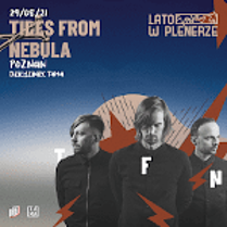 Picture of three men (members of the band) on blue background, captions - information about the concert - in the left up corner