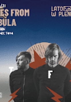 Picture of three men (members of the band) on blue background, captions - information about the concert - in the left up corner