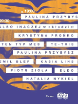 Graphic announcing the concert: purple and orange background, the names of performers on it.