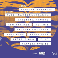 Graphic announcing the concert: purple and orange background, the names of performers on it.