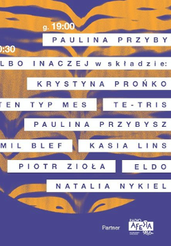 Graphic announcing the concert: purple and orange background, the names of performers on it.