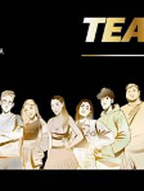 Drawing of the team members on a black background and the team name in the upper right corner