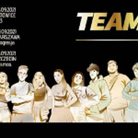 Drawing of the team members on a black background and the team name in the upper right corner