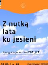 A concert title on a blue sky background, orange frame around it