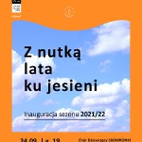 A concert title on a blue sky background, orange frame around it